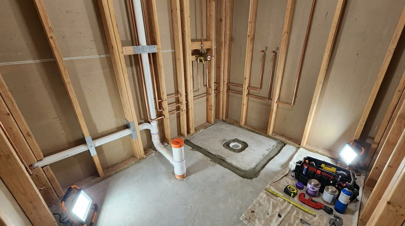 Bathroom rough-in plumbing during remodel by Johns Plumbing LLC in Las Cruces