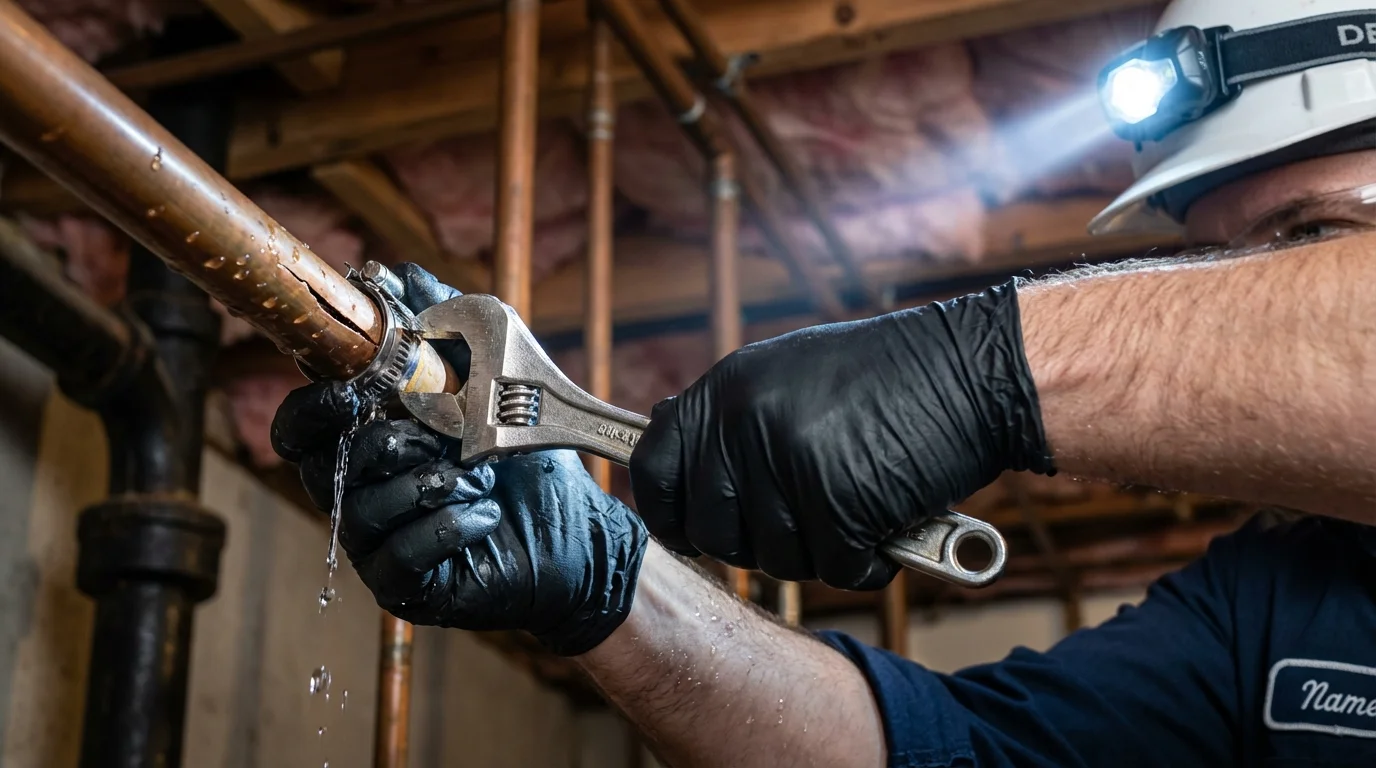 Emergency pipe clamp repair being performed by a Johns Plumbing LLC plumber in Las Cruces