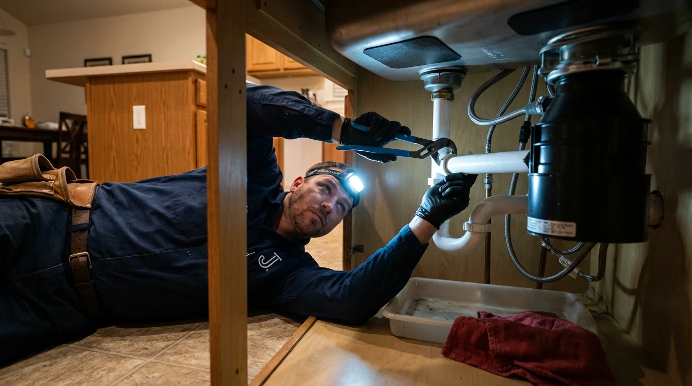 P-trap and supply line connections under a kitchen sink showing a common leak point in Las Cruces, NM